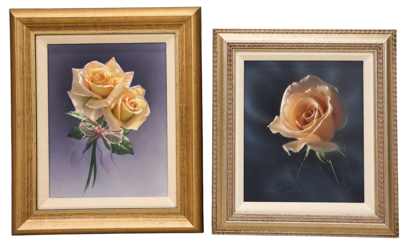 2pc Collin Bogle "Roses" Mixed Media on Board: 2pc Collin Bogle (b.1974 Washington) "Roses" Mixed Media on Board 9.5"x8" and 10.5"x8" Image. Signed and dated lower corners. Gallery framed 13.5"x12" and 15"x13". Excellent condition.