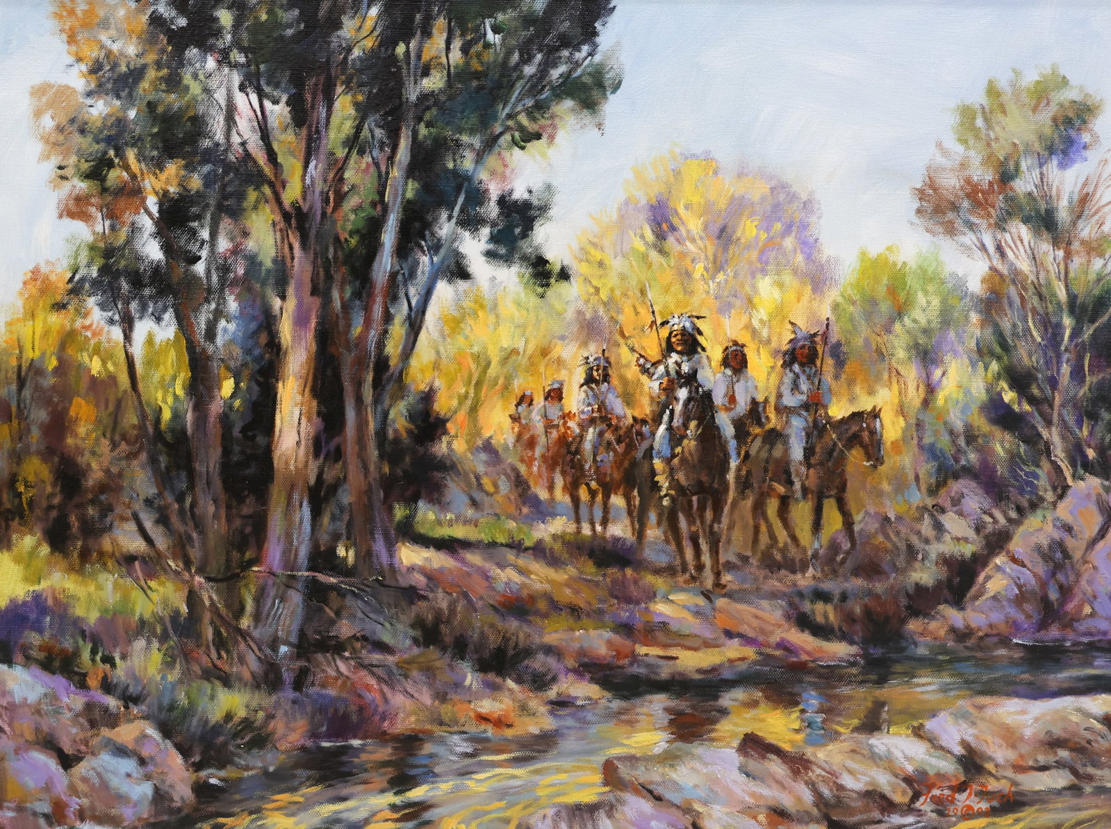 Fred T. Tuch "War Party" 1993 Oil on Canvas: Fred T. Tuch (1924-2012 American) "War Party" 1993 Oil on Canvas 18"x24" Image. Signed and dated l.r. Gallery framed 25"x31". Excellent condition.