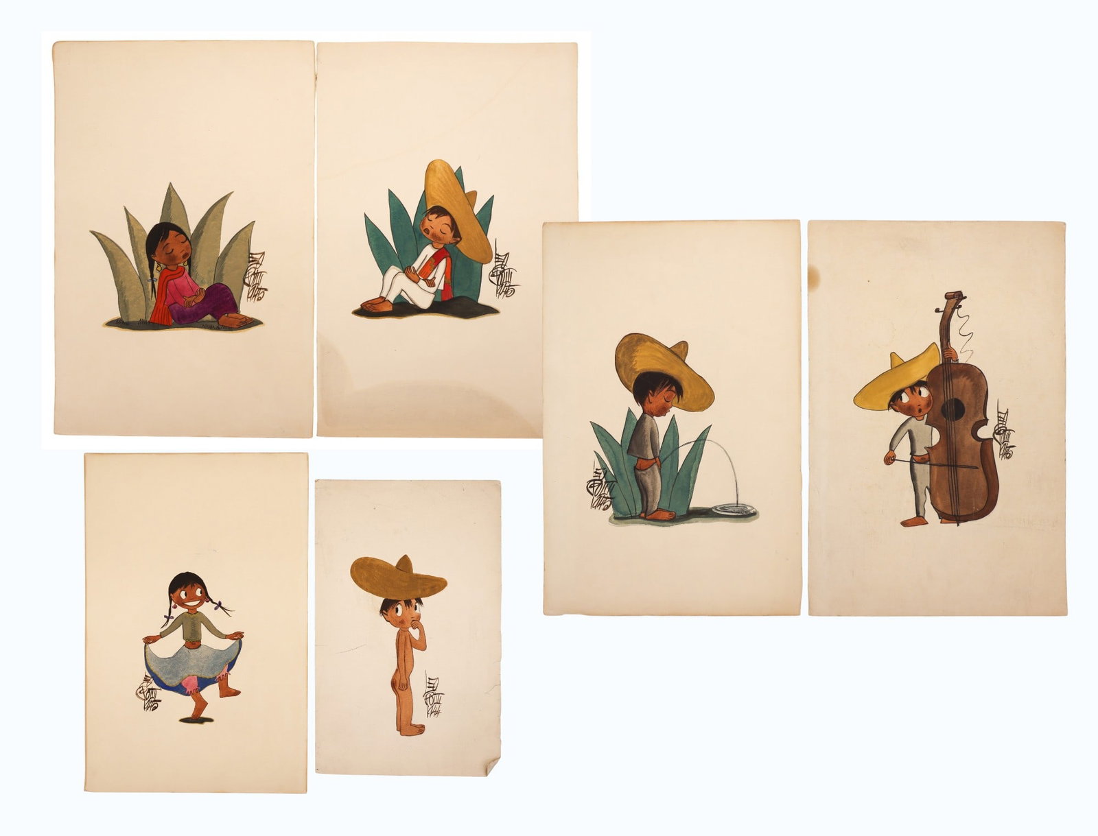 6pc Leo Politi "Mexican Children" 1944-45 Watercolors on Paper: 6pc Leo Politi (1908-1996 California) "Mexican Children" 1944-45 Watercolors on Paper 16.5"x10.5" and 19"x12.5" Sheets. Signed and dated depicting various genre scene of Southwest life. Scattered