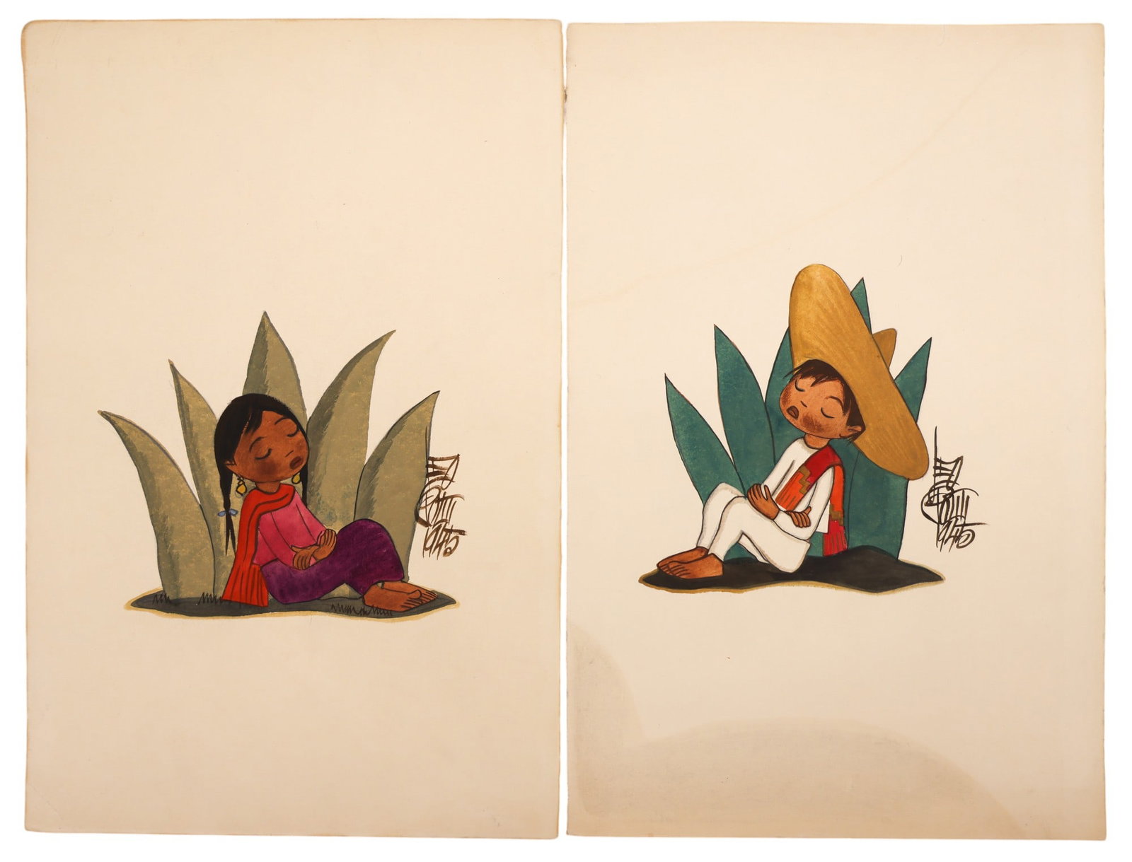 6pc Leo Politi "Mexican Children" 1944-45 Watercolors on Paper - 2