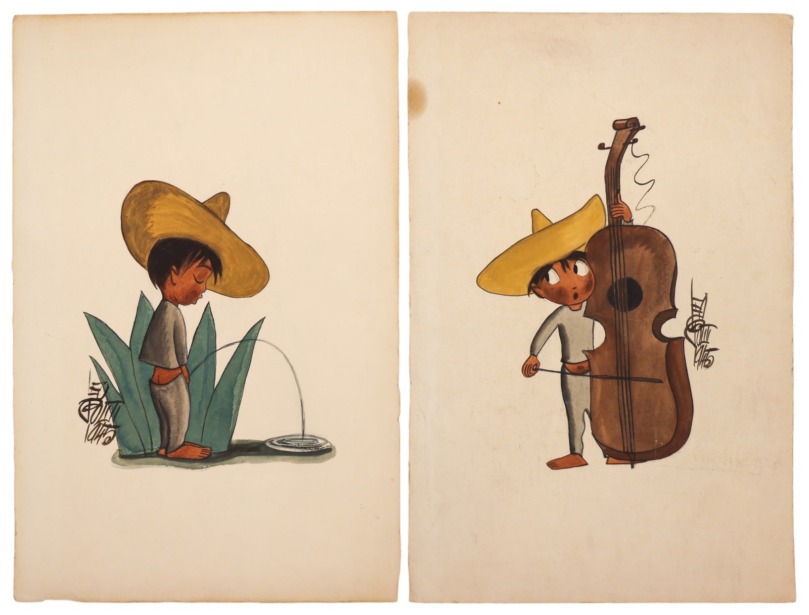 6pc Leo Politi "Mexican Children" 1944-45 Watercolors on Paper - 3