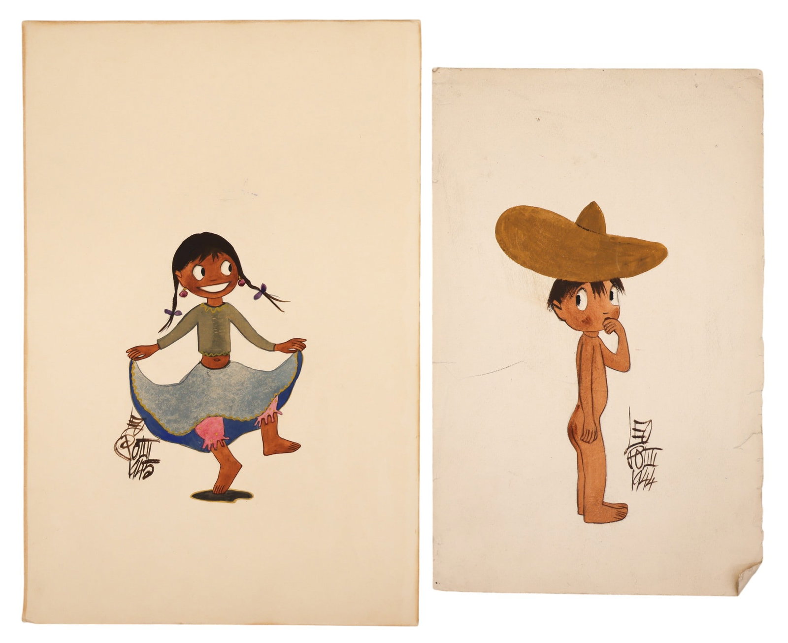 6pc Leo Politi "Mexican Children" 1944-45 Watercolors on Paper - 4