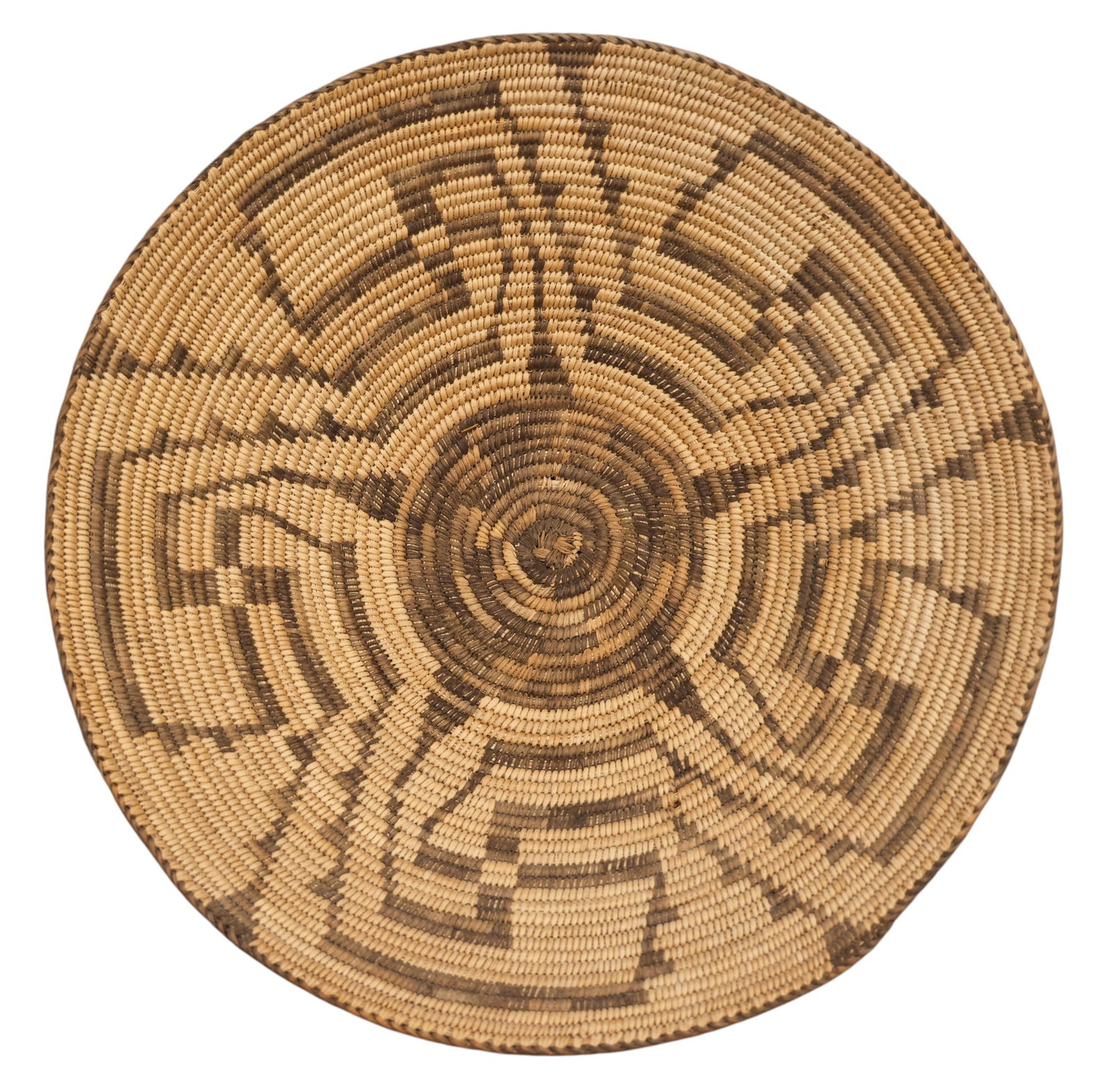 Antique Pima Whirling Log Indian Basket Large Tray: Antique Pima Whirling Log Indian Basket Large Tray 17.5". Some holes near center from hanging. Overall good condition for their age. Early 20th century.