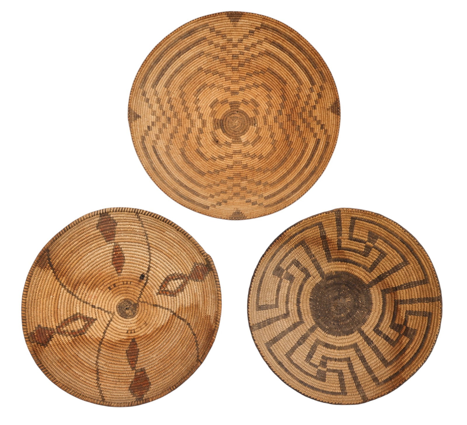 3pc Antique Pima Southwest Indian Basket Trays: 3pc Antique Pima Southwest Indian Basket Trays 11" to 12". Some holes near center from hanging and some staining. Early 20th century.
