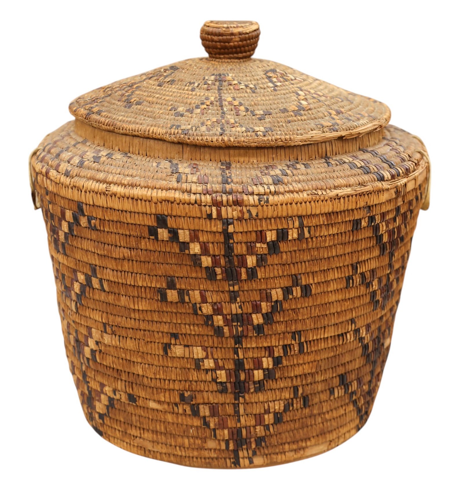 Antique Coast Salish Large Indian Storage Basket: Antique Coast Salish Large Indian Storage Basket 17"x18". Polychrome imbricated stalk motifs. Scattered edge loss and wear from use with original leather handles. Early 20th century.