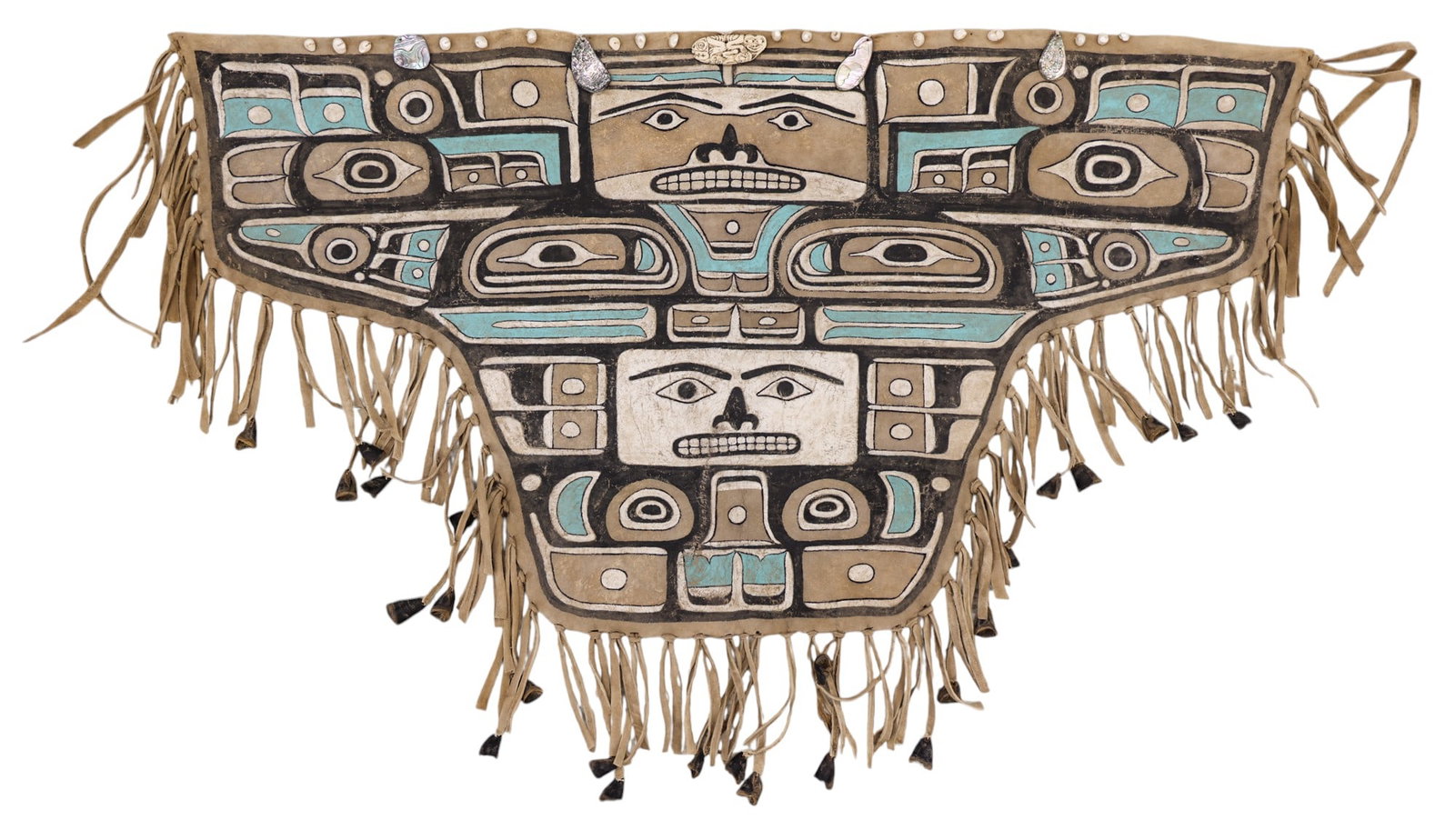 Old Northwest Coast Painted Leather Dance Apron: Old Northwest Coast Painted Leather Dance Apron 25"x43". Polychrome decorated with formline chilkat style motif. Applied abalone and pearl to edges with shaman's charm. Overall excellent condition.