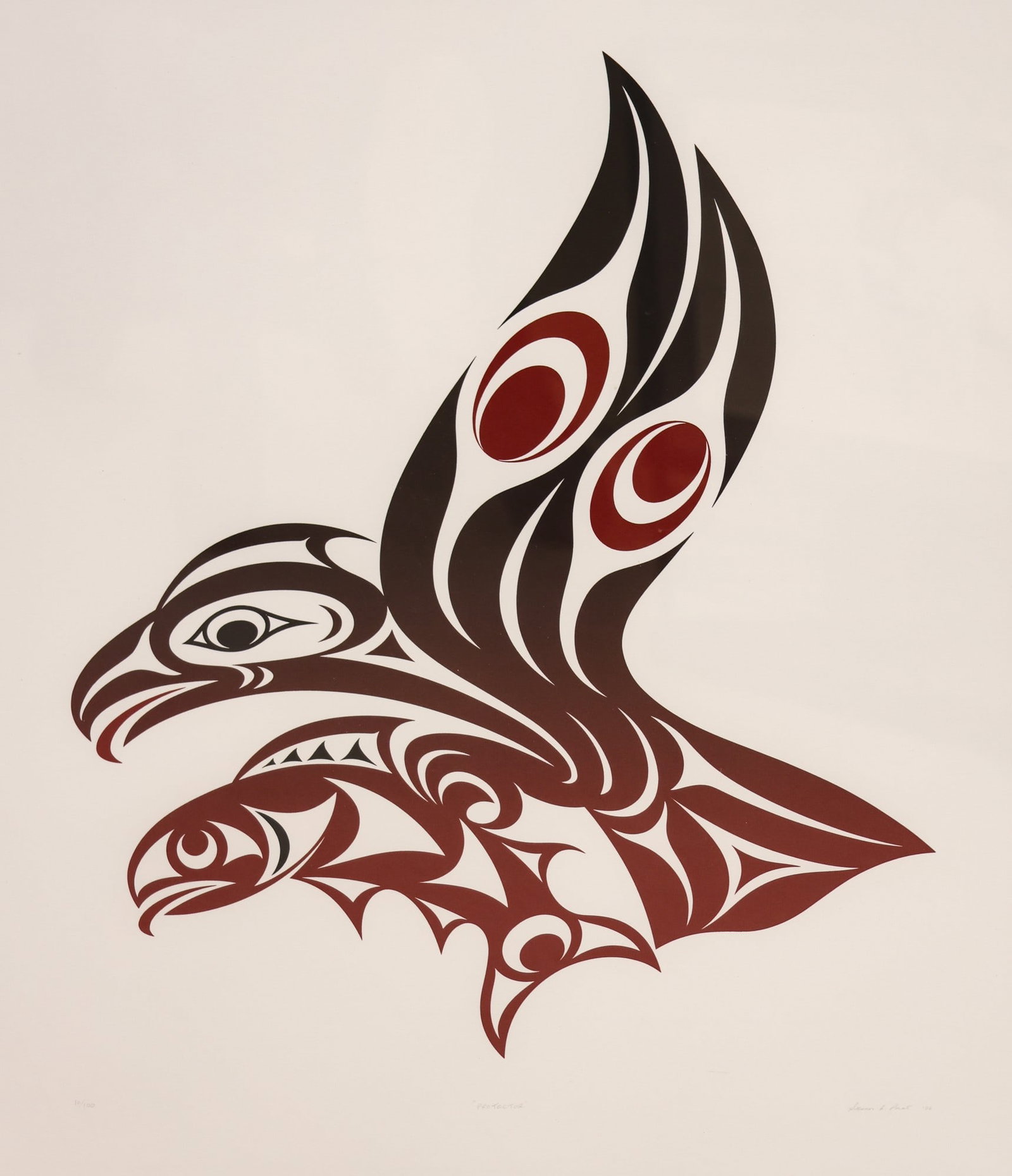 Susan Point "Protector" 2006 Northwest Coast Serigraph: Susan Point (b.1942 Salish) "Protector" 2006 Serigraph 29"x24" Sight. Pencil signed and numbered 10 of 100 edition lower margin. Gallery framed 39"x24". Excellent condition with strong colors.