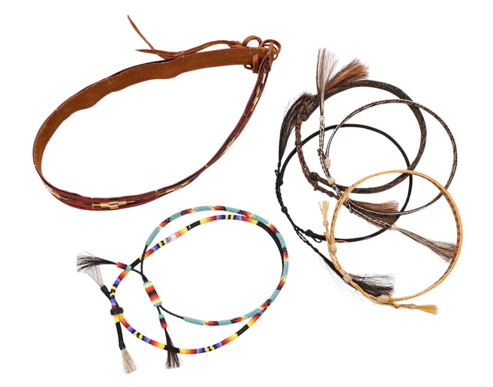 7pc Western Horse Hair, Beaded, Quilled Hat Bands and Belt (1 of 2)