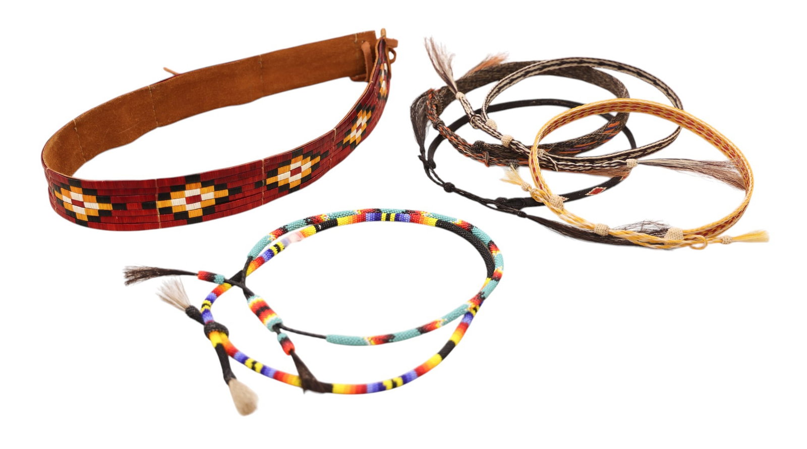 7pc Western Horse Hair, Beaded, Quilled Hat Bands and Belt - 2