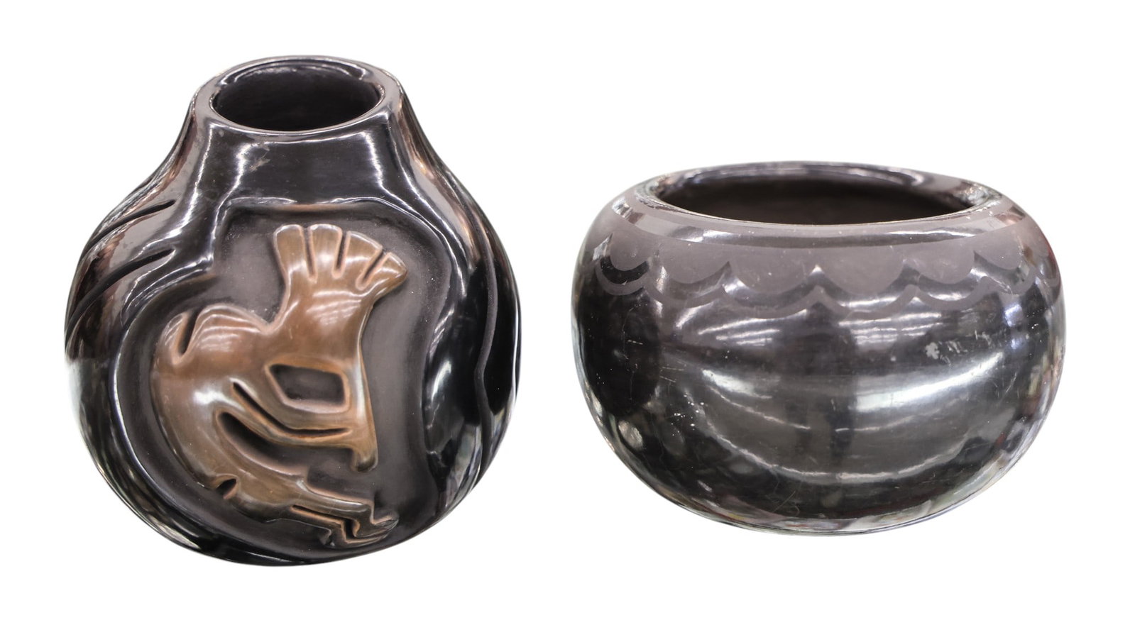 2pc San Ildefonso Blackware Small Jars - Blue Corn etc. (1 of 2)