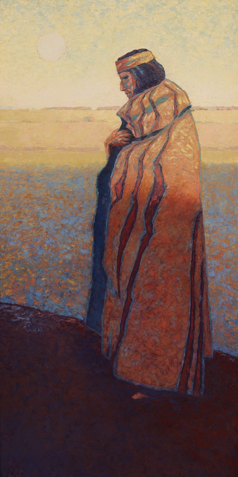Larry Graham Clarkson "Desert Moon" 2005 Large Oil on Board: Larry Graham Clarkson (b.1950 Utah) "Desert Moon" 2005 Large Oil on Board 48"x24" Image. Signed lower left and titled on verso. Impressive gilt gallery framing 56"x32". Excellent condition. Purchased