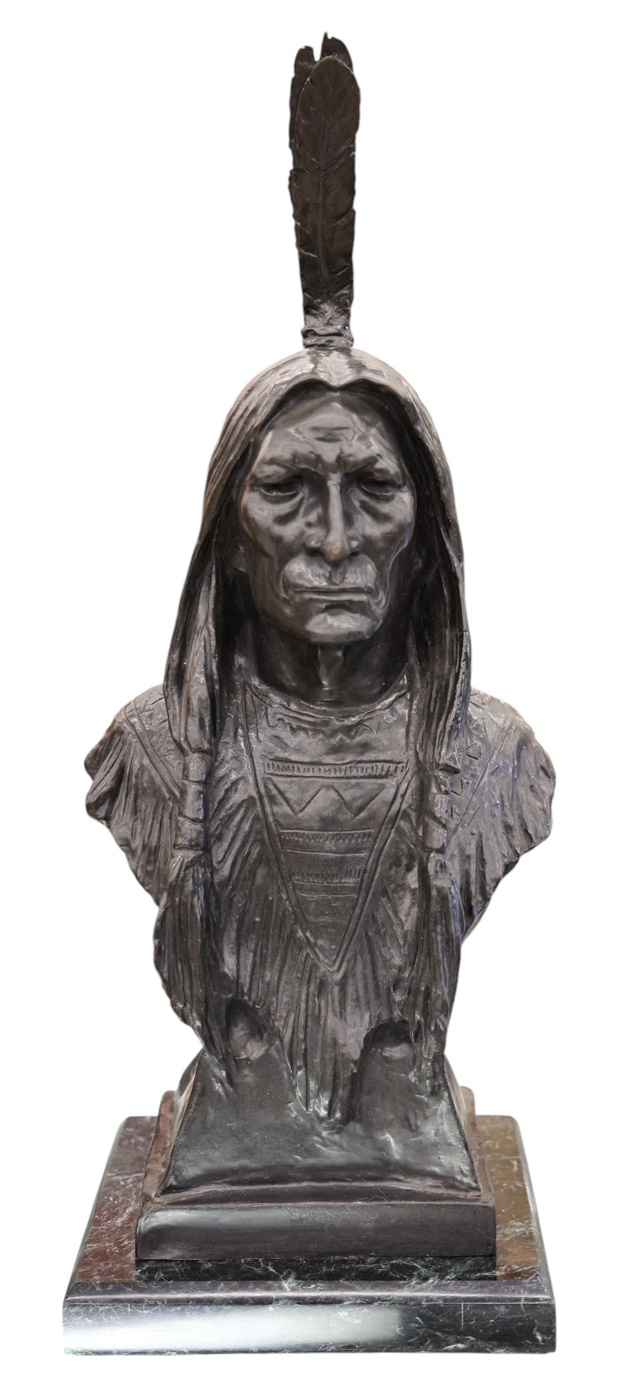 After Max Bachmann "Bust of a Native American" Bronze Sculpture: After Max Bachmann "Bust of a Native American" Bronze Sculpture 23"x9". Signed on verso. Posthumous casting. Excellent condition. It weighs 35 pounds.