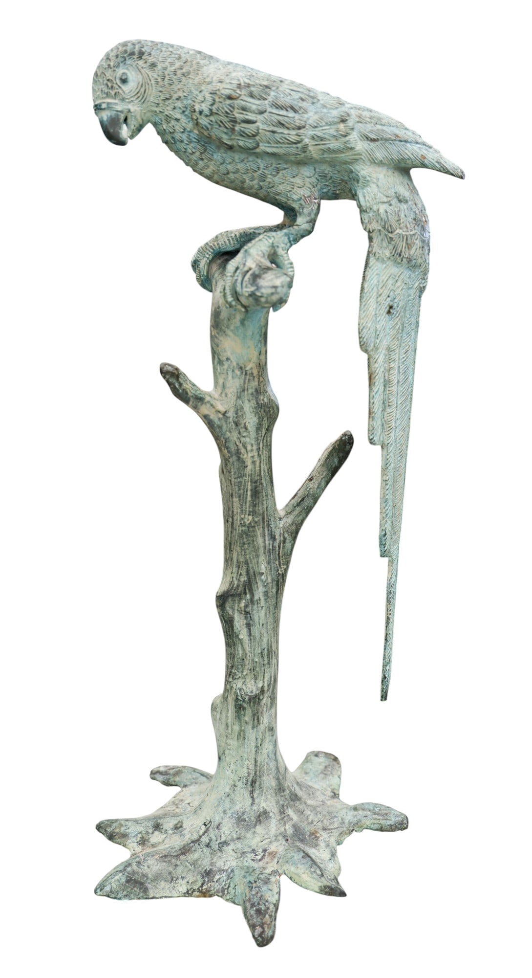 Old Parrot on Branch Verdigris Metal Sculpture: Old Parrot on Branch Verdigris Metal Sculpture 23"x10". Unsigned. Overall excellent condition. It weighs 10.5 pounds.