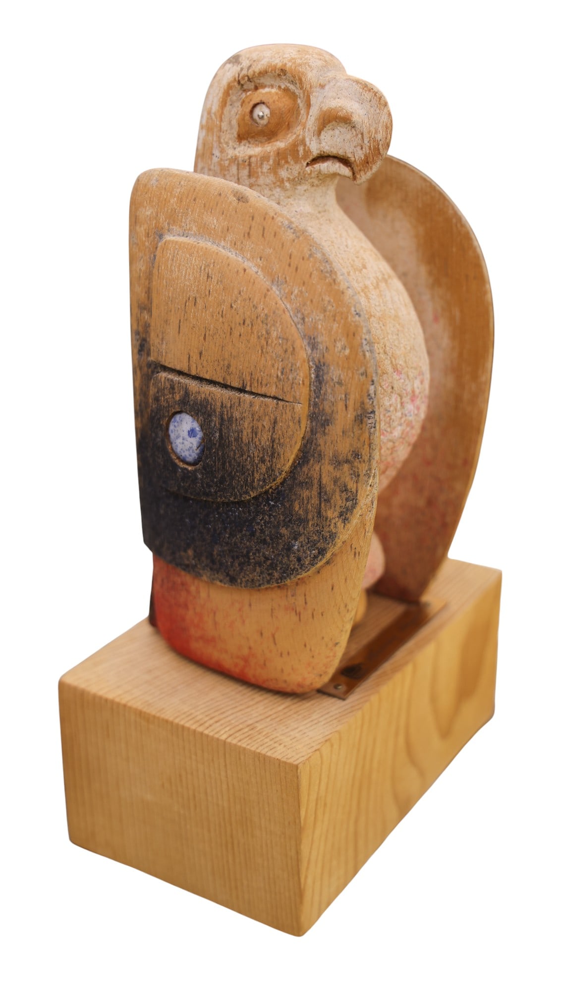 Lawney Reyes "Eagle" Modernist Cedar Sculpture: Lawney Reyes (b.1931 Sin-Aikst) "Eagle" Modernist Cedar Sculpture 9.5"x5.5". Signed on brass placard. Overall excellent condition. Northwest Coast.