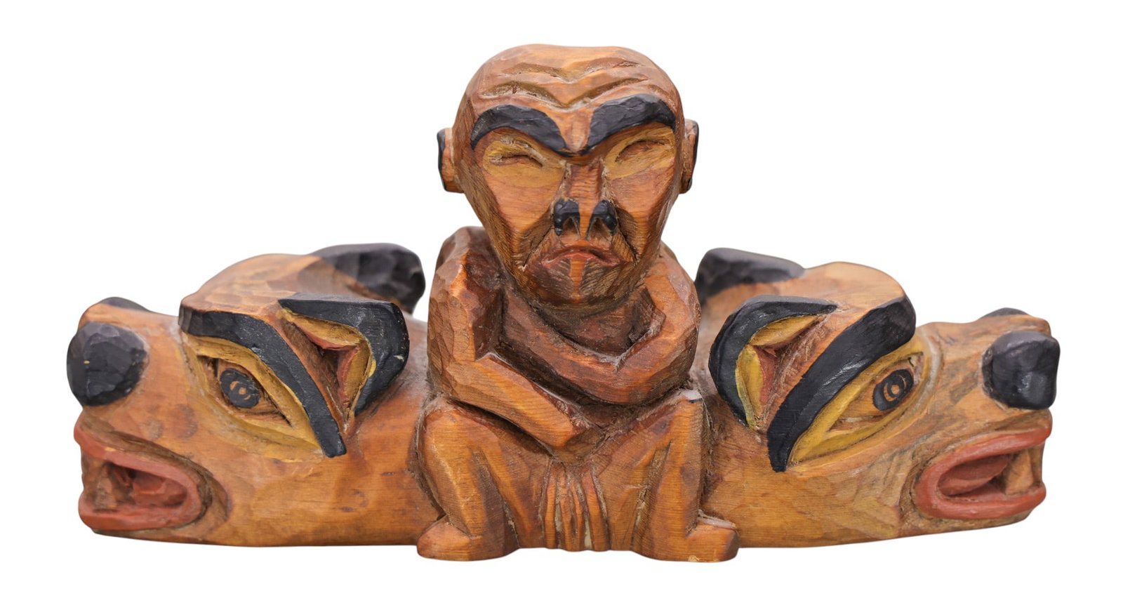 Simon Charlie "Bear and Man" 1982 Cedar Carving: Simon Charlie (1919-2005 Cowichan) "Bear and Man" 1982 Cedar Carving 4.5"x9". Polychrome painted and formline carved. Signed and dated on bottom. Overall excellent condition. Northwest Coast.