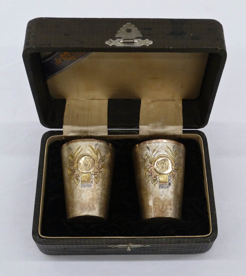 Pair Russian 84 Silver Gold Wash Vodka Cups in Case