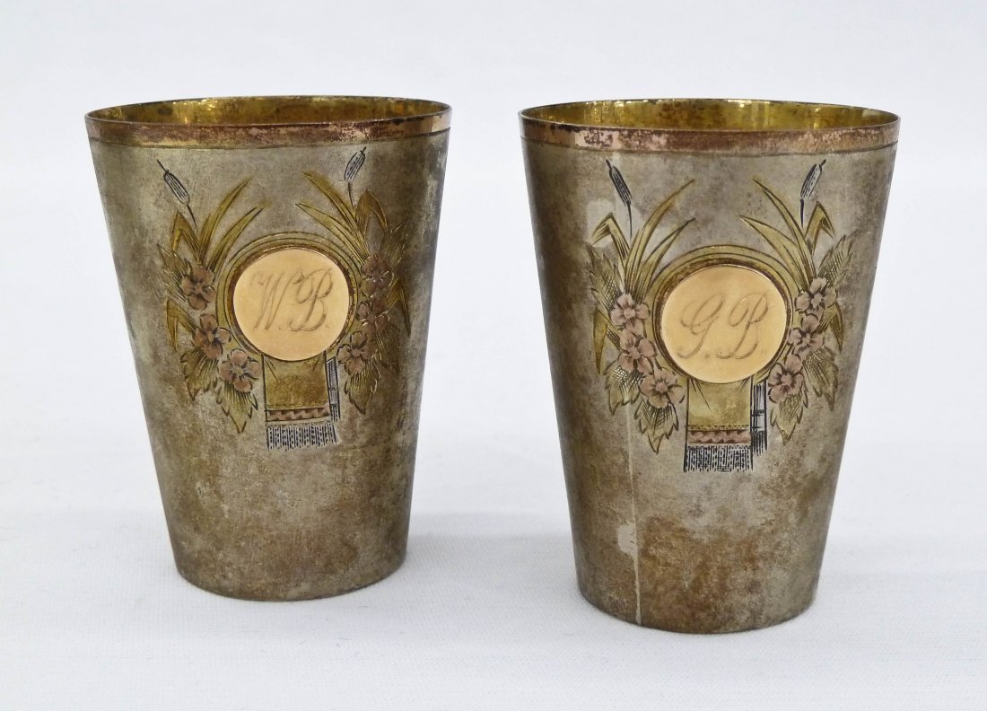 Pair Russian 84 Silver Gold Wash Vodka Cups in Case - 2