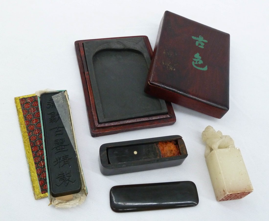 Group of Chinese Seals, Ink Stone, & Ink Stick. Carved: Group of Chinese Seals, Ink Stone, & Ink Stick. Carved horn seal in case 3'', ink stone in rosewood box 4.5''x3'', soapstone seal 2.5'' and ink stick in case 3.75''. Estate of R.V. Hill.