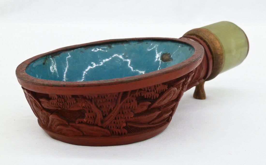 Antique Chinese Carved Cinnabar Flat Iron with Jade: Antique Chinese Carved Cinnabar Flat Iron with Jade Archer Ring Handle 6''.