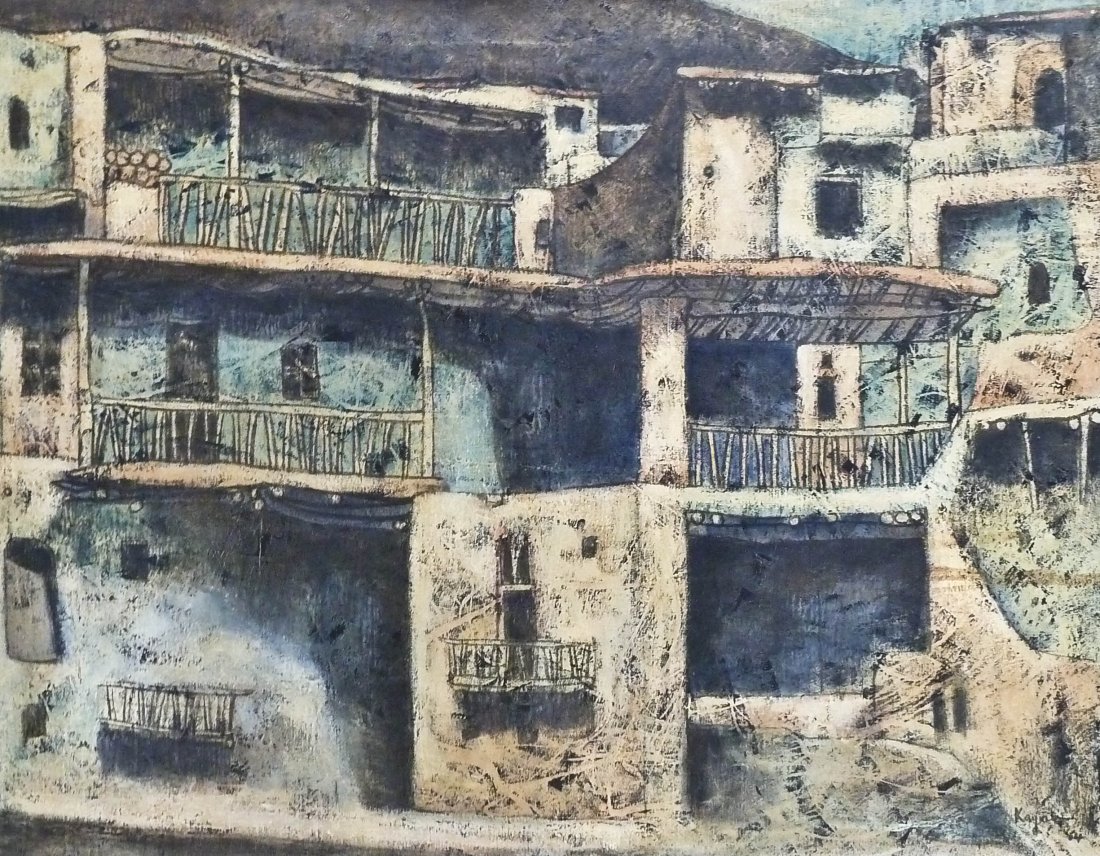 Louai Kayyali (1934-1978 Syrian) ''Maaloula'' 1964: Louai Kayyali (1934-1978 Syrian) ''Maaloula'' 1964 Oil/Canvas 30''x37.75''. Signed l.r. and dated. Verso is signed in Arabic and translated ''Malula Louay Kayali 1964''. Provenance: Private Collection