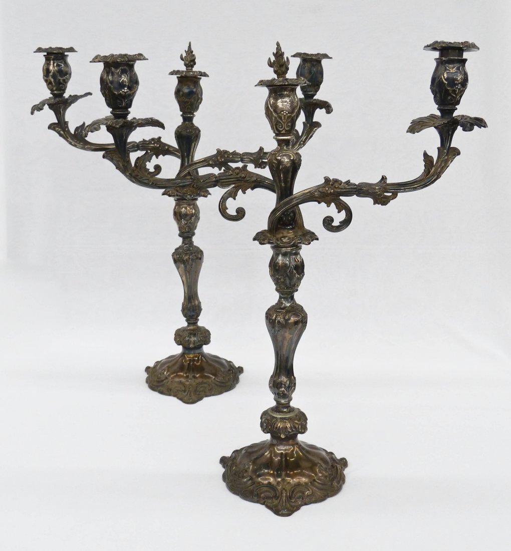 Pair Sheffield Rococo Triple Sterling Silver: Pair Sheffield Rococo Triple Sterling Silver Candelabras 20.25''x17'' Each. They are by Thomas, James, & Nathaniel Creswick with an 1850 date mark. Filled bases, weighing a total of 129.8 troy ounces.