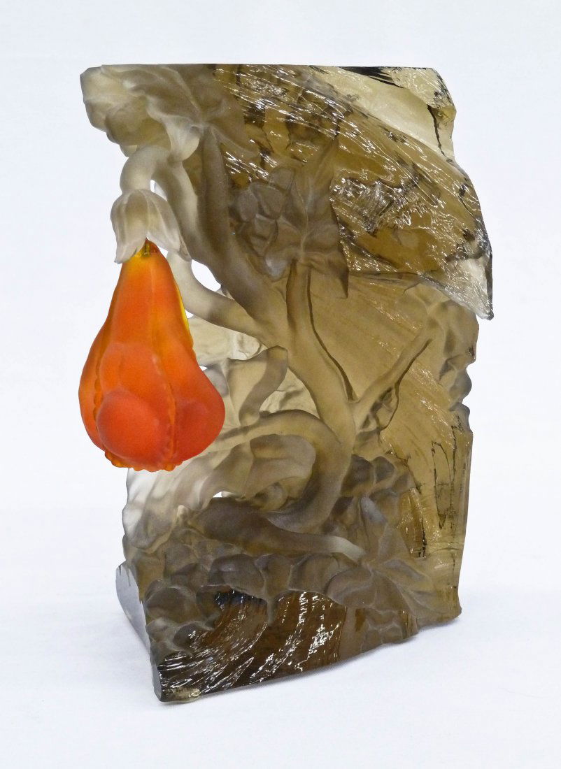 Barry Sautner ''Precious Bud'' Sand Carved Art Glass: Barry Sautner ''Precious Bud'' Sand Carved Art Glass Sculpture 5.5''x3.5''. Signed and dated on bottom 1995. Some light chipping where bulb hangs.
