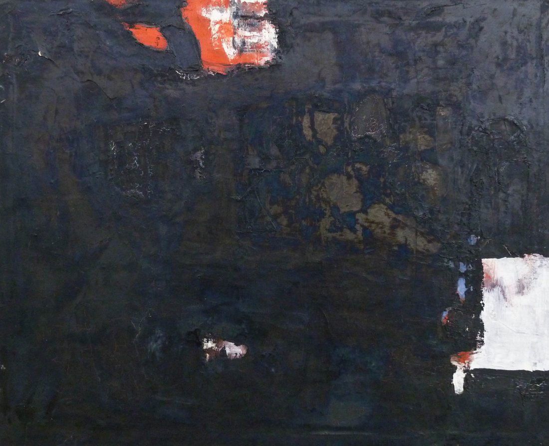William Ivey (1919-1992 WA) Untitled Black & Red: William Ivey (1919-1992 WA) Untitled Black & Red Abstract 1952-53 Oil/Canvas 26.75''x33. Signed and dated on verso. Craquelure throughout. From the Estate of William Ivey.