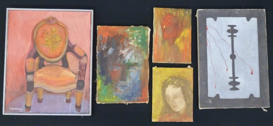 Group of (5) Abstract Oil Paintings from the Estate of: Group of (5) Abstract Oil Paintings from the Estate of William Ivey. Including a Paul Havas Razor Blade 20''x14, Signed A. Wagoner Chair 20''x16'', and (3) Abstract Oils Attributed to Merle Martinson