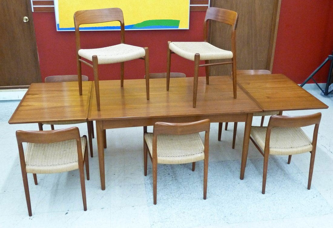 Niels Moller for J.L. Moller Denmark Teak Mid Century: Niels Moller for J.L. Moller Denmark Teak Mid Century Dining Set. Table with (8) Chairs Model 77. Each chair has metal tag underneath. Very clean example with no damage.
