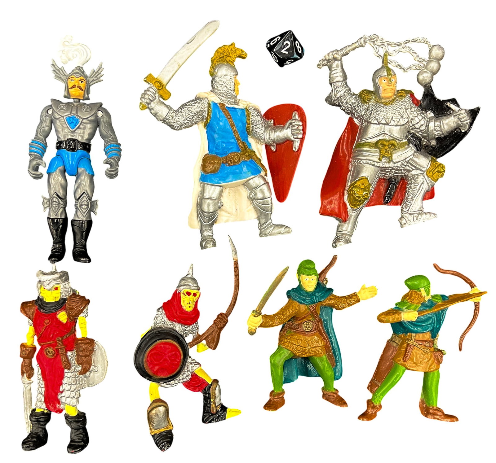 8pc 1980s LJN Advanced Dungeons and Dragons Action Figures: 8pc 1980s LJN Advanced Dungeons and Dragons Action Figures 5.5" Largest. Includes 2 Elves of the Woodland, 2 Skeleton Soldiers of Sith, Strongheart, 2 Heroic Men-at-Arms, & Ten Sided Die. Condition