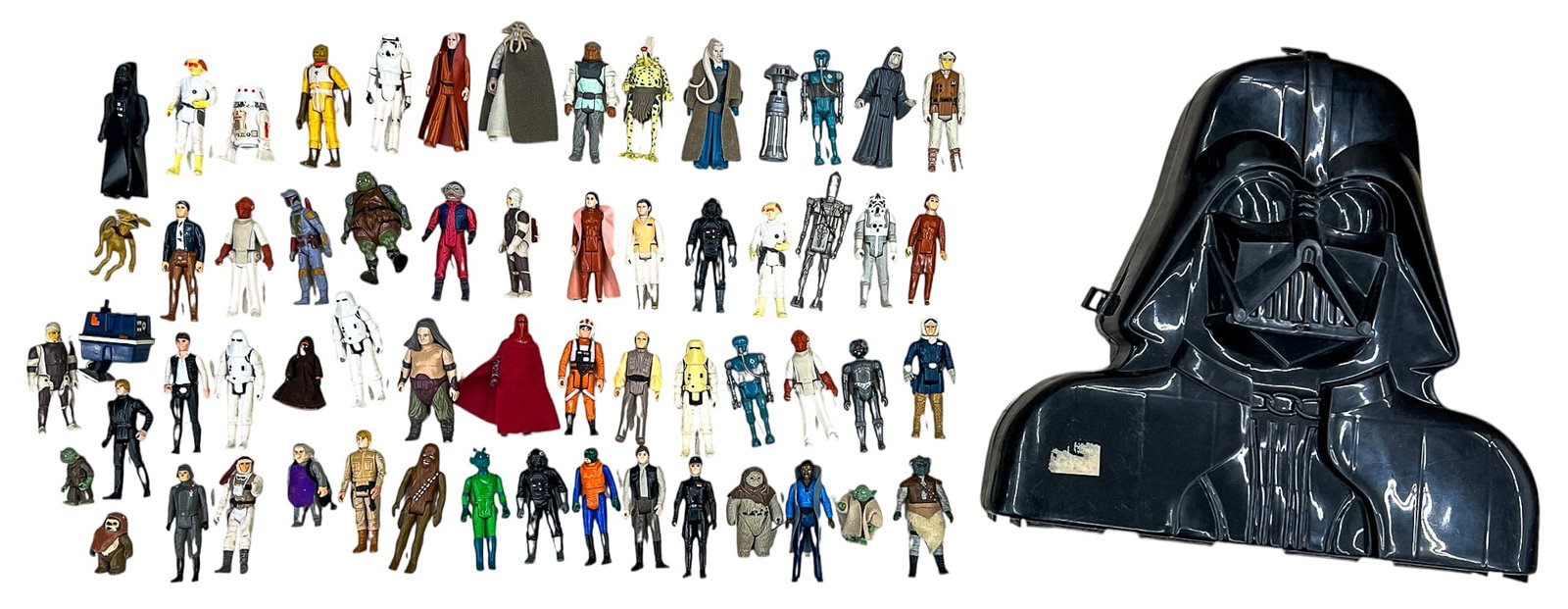 70pc Kenner Star Wars Action Figures & 1980 Darth Vader Carrying Case: 70pc Kenner Star Wars Action Figures & 1980 Darth Vader Carrying Case 15" Largest. Condition varies.