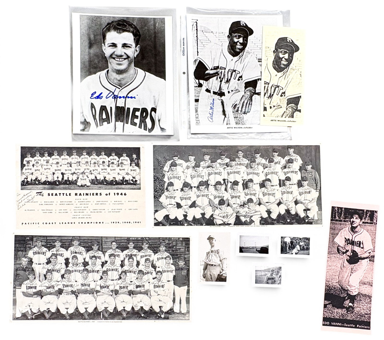 Box 11pc 1940s Seattle Rainiers Photographs - Some Signed: Box 11pc 1940s Seattle Rainiers Photographs. Includes Print Signed Team Photos, Artie Wilson, Eddie Taylor and Edo Vanni Signed Photos. 7 1/4" x 14" Largest