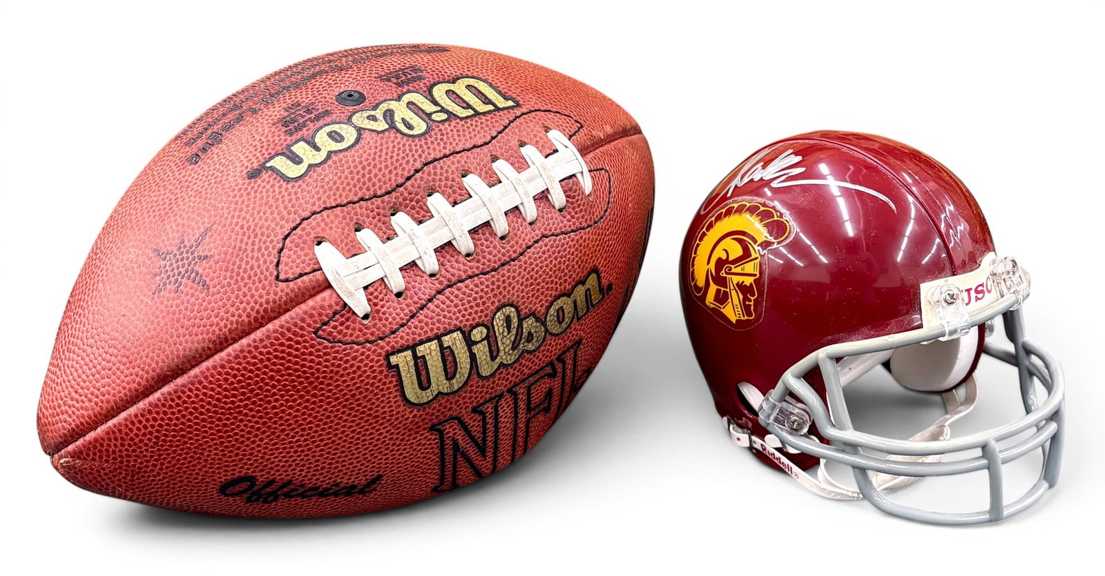2pc Jim Zorn Signed Football & Marcus Allen Signed USC Miniature Helmet - 2
