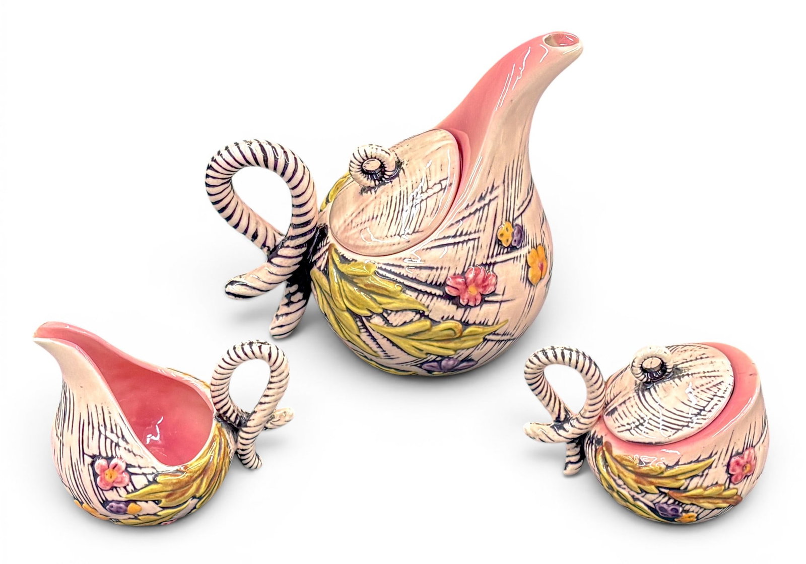 3pc Hull Pottery Blossom Flite Tea Pot, Creamer &Lidded Sugar Bowl - 2