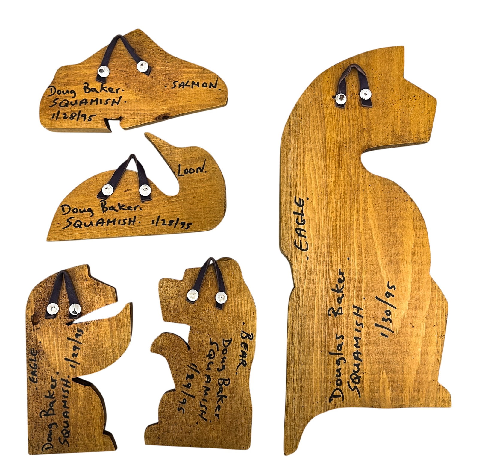 5pc Doug Baker 1995 Loon, Salmon, Bear & Two Eagles Carved Cedar - 2