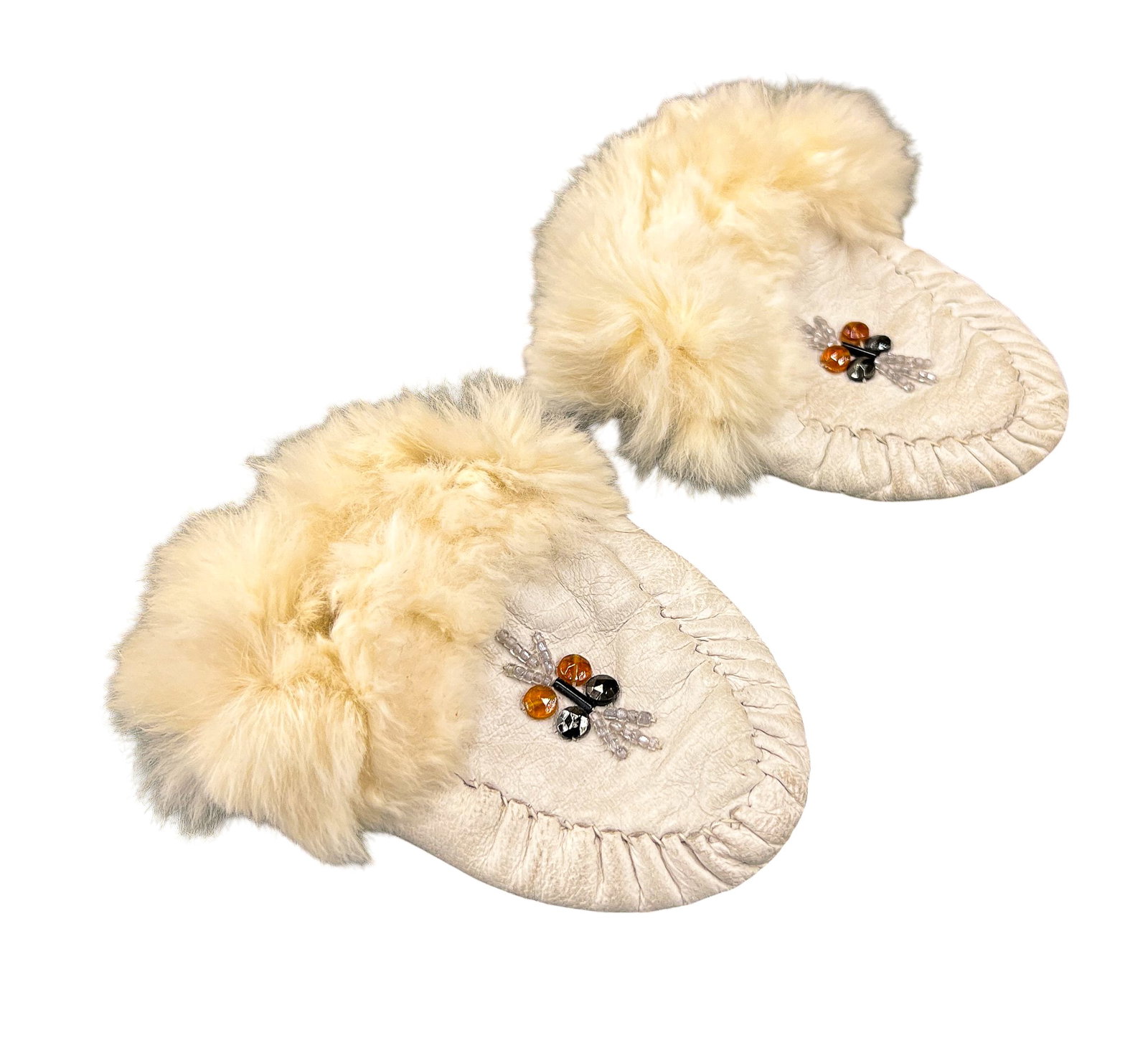 Pair Leather & Fur Beaded Children's Mocassins: Pair Leather & Fur Beaded Children's Moccasins 4"x3.5". Excellent condition.