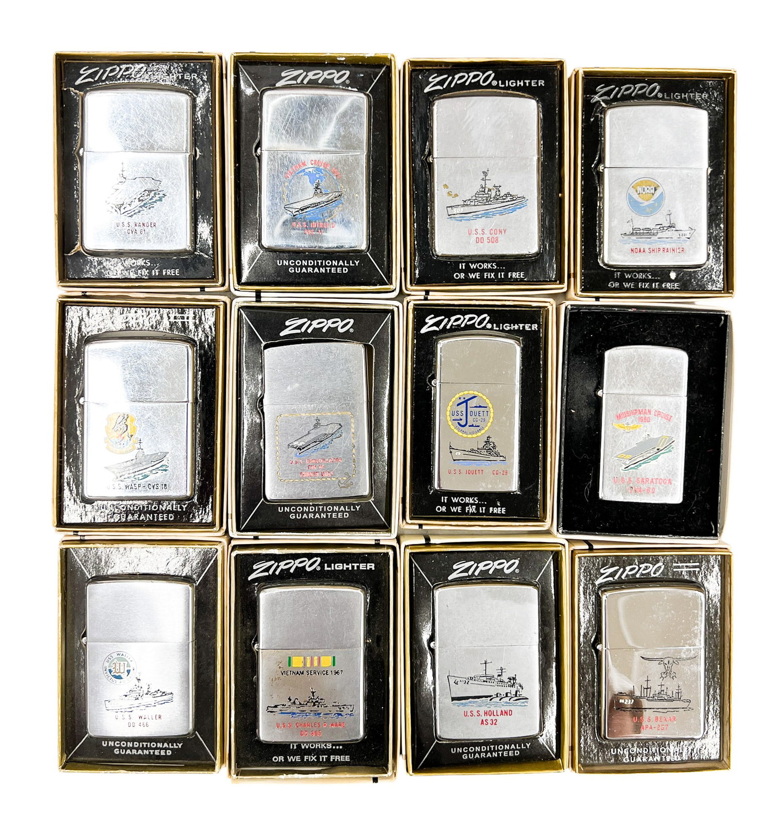 12pc Maritime Zippo Lighters w/ Cases: 12pc Maritime Zippo Lighters w/ Cases 2.25" Each. Condition varies.