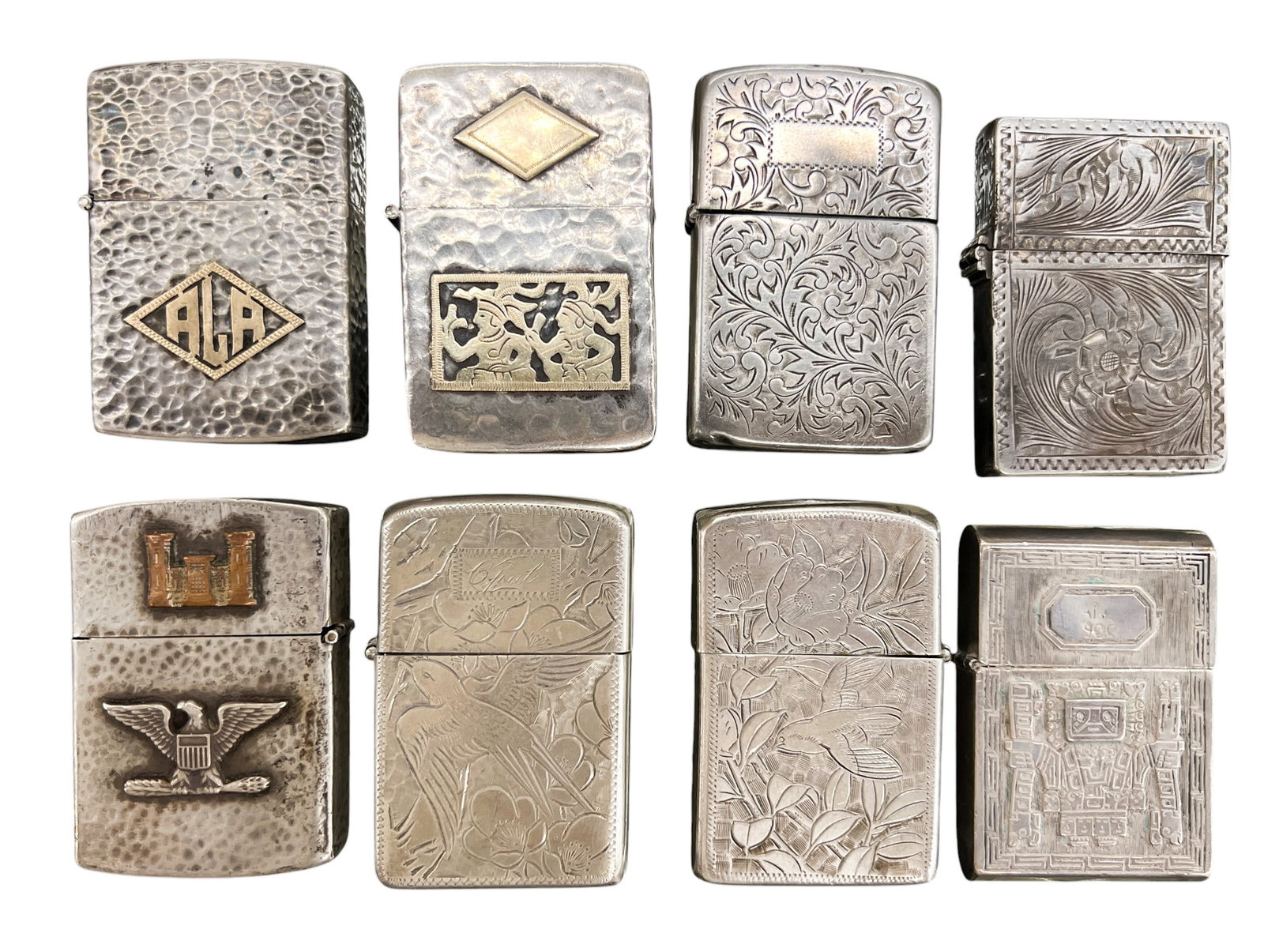 8pc Vintage 800/900/950 Silver Lighters: 8pc Vintage 800/900/950 Silver Lighters 2.25"x1.5" Each 456g TW. Brands include Joyeria, R&M, Jbag, Condition varies.