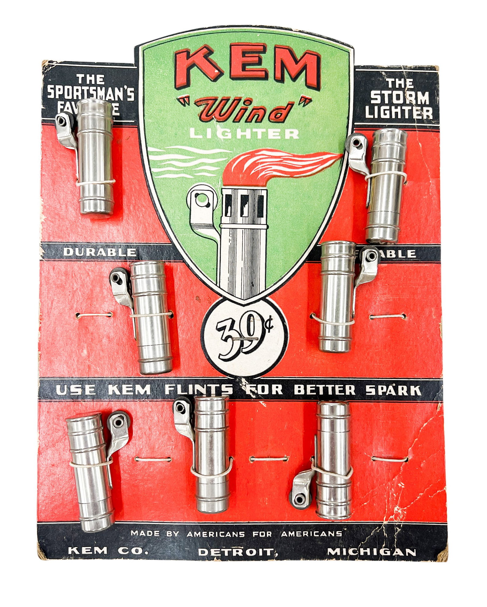 KEM "Wind" Lighter Display w/ 7 Lighters: KEM "Wind" Lighter Display w/ 7 Lighters 10.5"x8". Some wear.