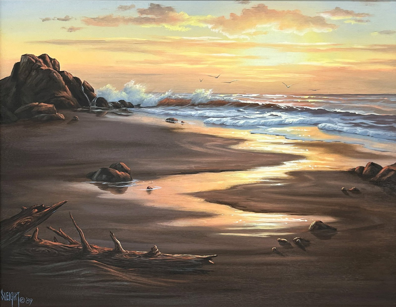Judy Sleight "Coast" 1989 Oil on Canvas: Judy Sleight (20th Cent. American) "Coast" 1989 Oil on Canvas 10.5"x13" Image 15"x18" Framed. Signed lower left. Excellent condition, not examined outside of framing.