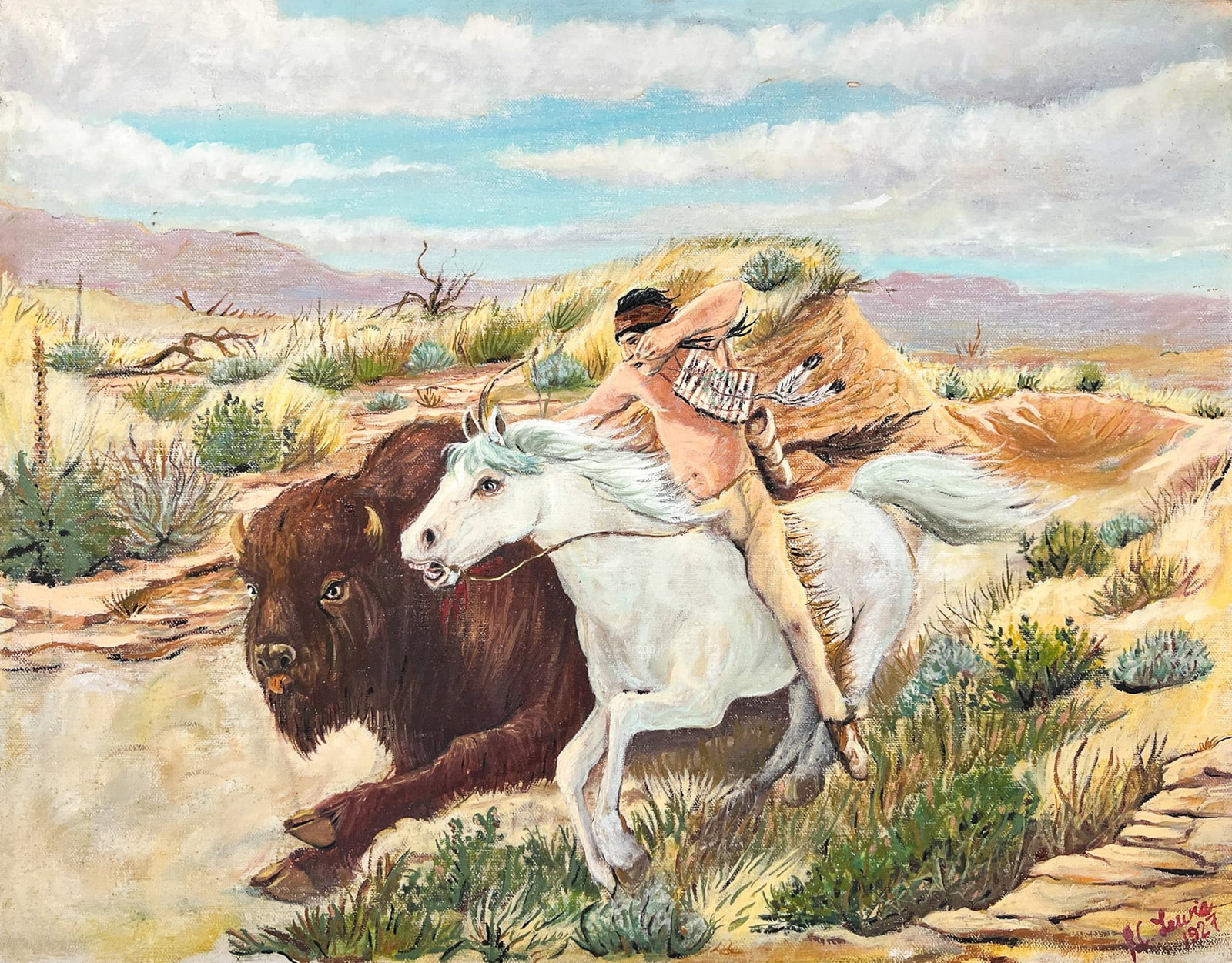R.C. Lewis "Buffalo Kill" 1927 Oil on Canvas: R.C. Lewis (20th Cent. American) "Buffalo Kill" 1927 Oil on Canvas 16"x20" Unframed. Signed lower right. Excellent condition.