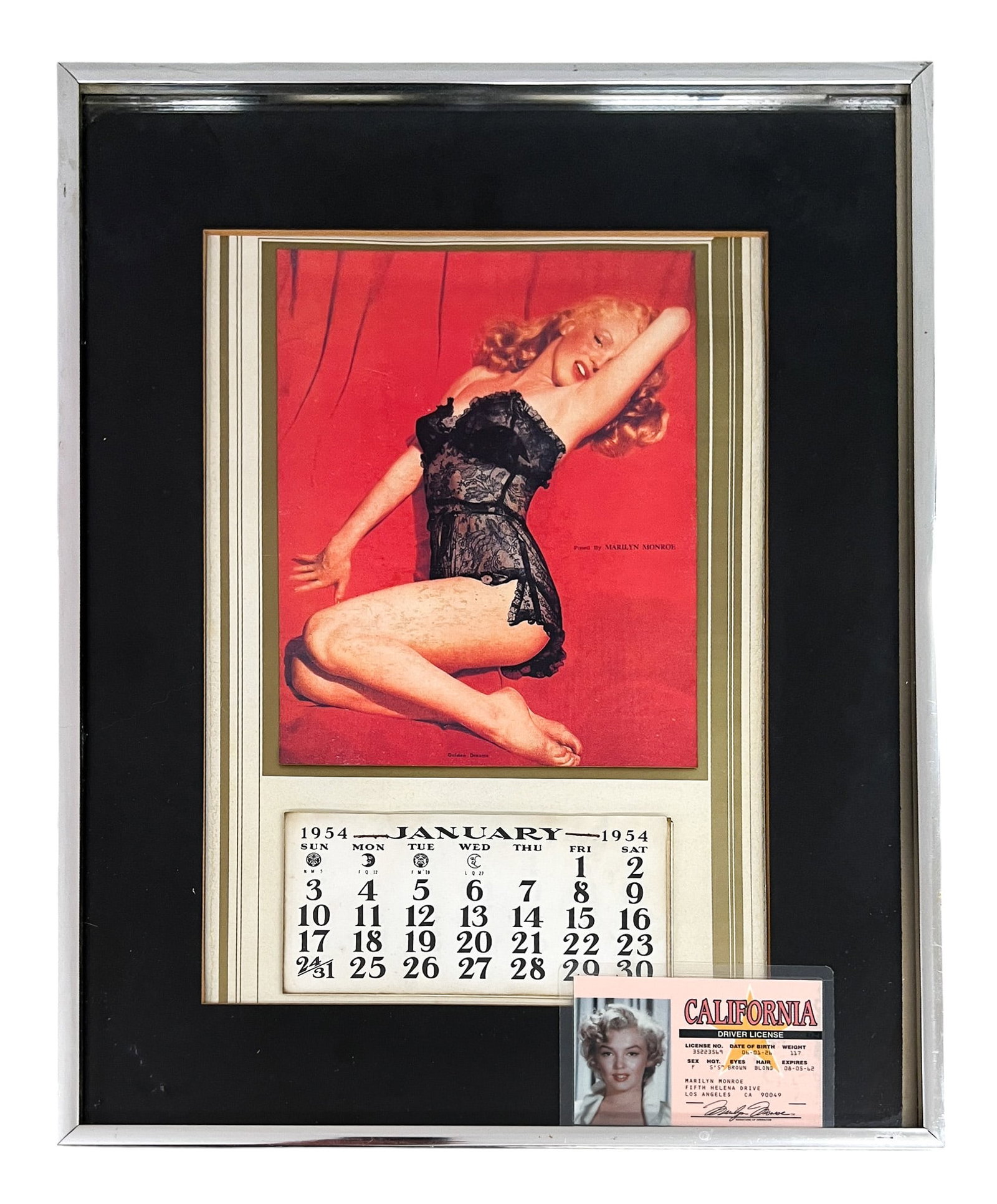 1954 Marilyn Monroe Golden Dreams Calendar w/ Drivers License Souvenir: 1954 Marilyn Monroe Golden Dreams Calendar w/ Drivers License Souvenir 12"x8" Image 16.5"x12.5" Framed. Excellent condition, not examined outside of framing.