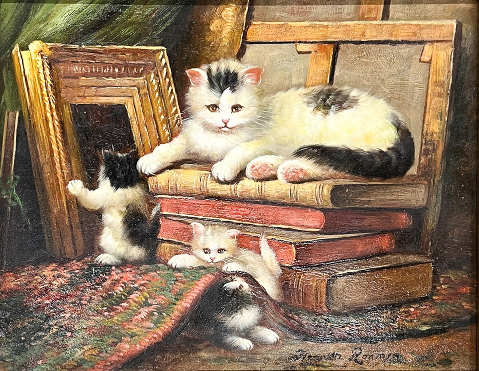 Henriette Ronner "Little Rascals" Oil on Board: Henriette Ronner (1821-1909 Dutch/Belgian) "Little Rascals" Oil on Board 7.5"x9.5" Image 14"x16" Framed. Signed lower right. Excellent condition, not examined outside of framing.