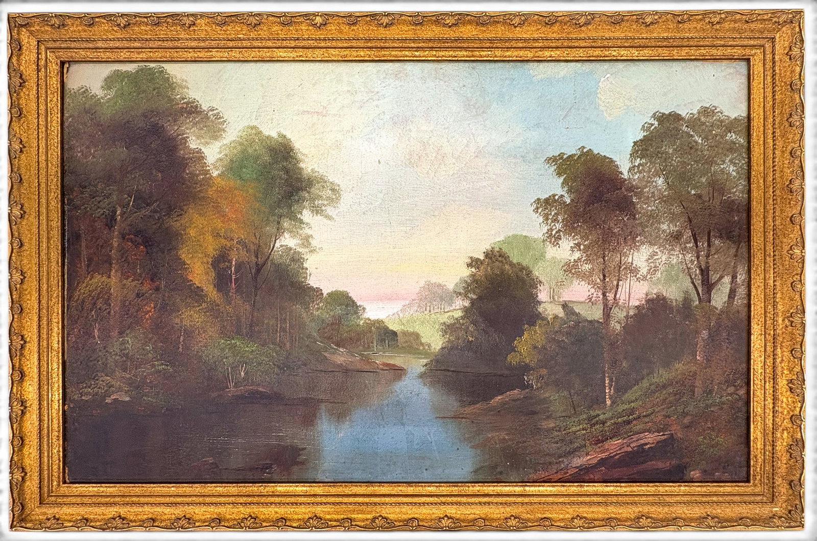 American School "River Scene" Oil on Board - 2