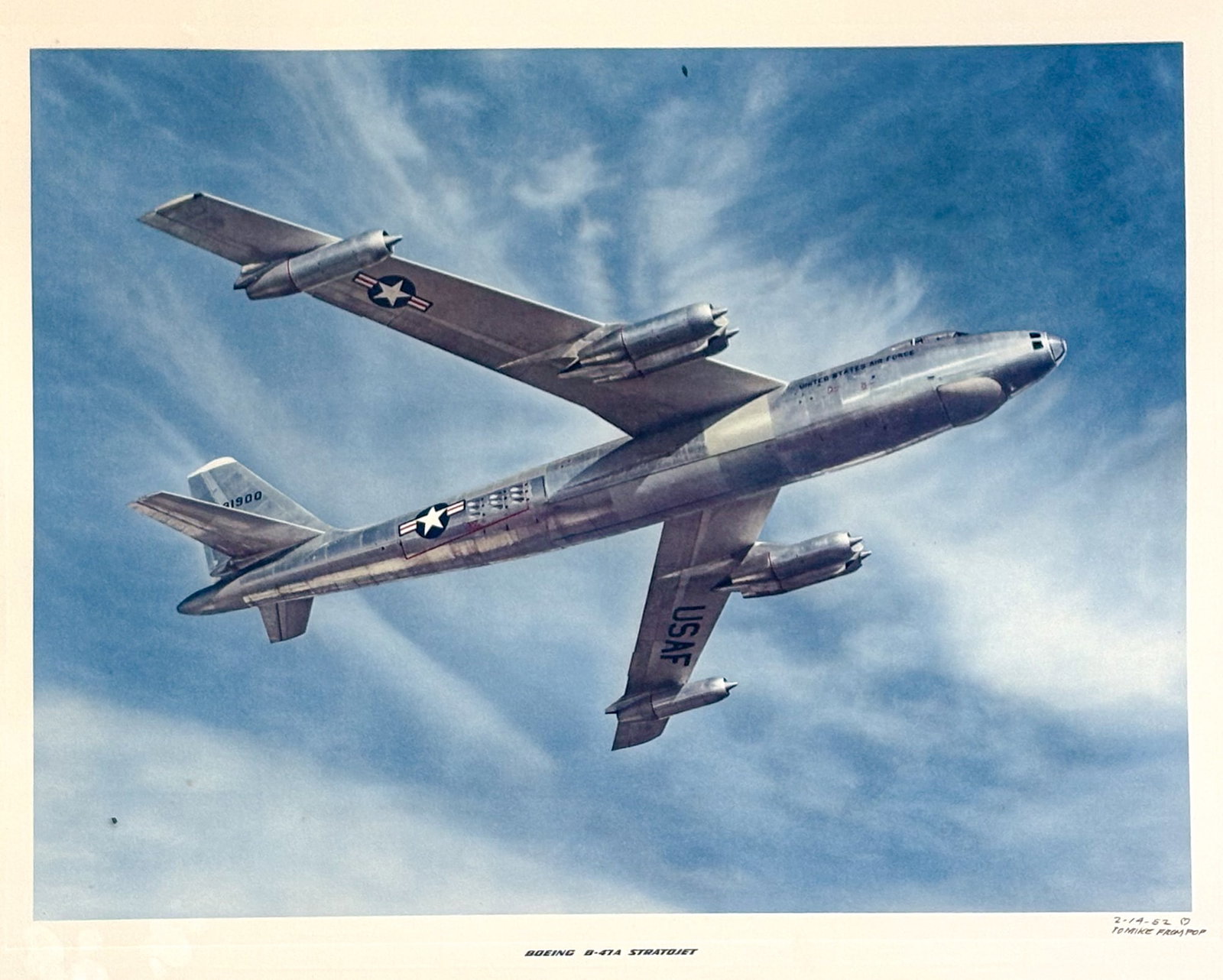 "Boeing B-47A Stratojet" Lithograph on Paper: "Boeing B-47A Stratojet" Lithograph on Paper 23.25"x28.25" Framed. Scattered foxing.
