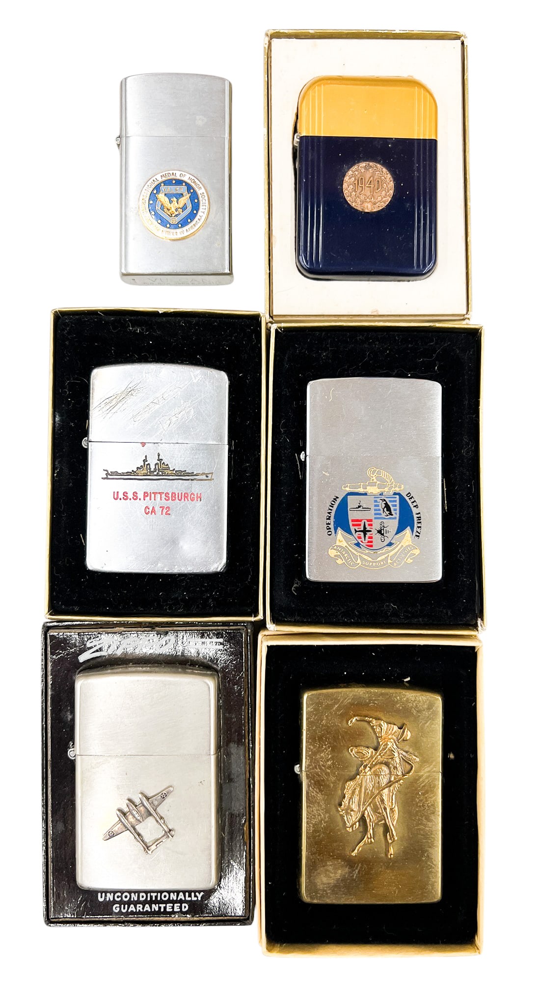 6pc Vintage Military Zippo Lighters etc.: 6pc Vintage Military Zippo Lighters etc. 2.5"x1"x1.5" Largest. Condition varies.