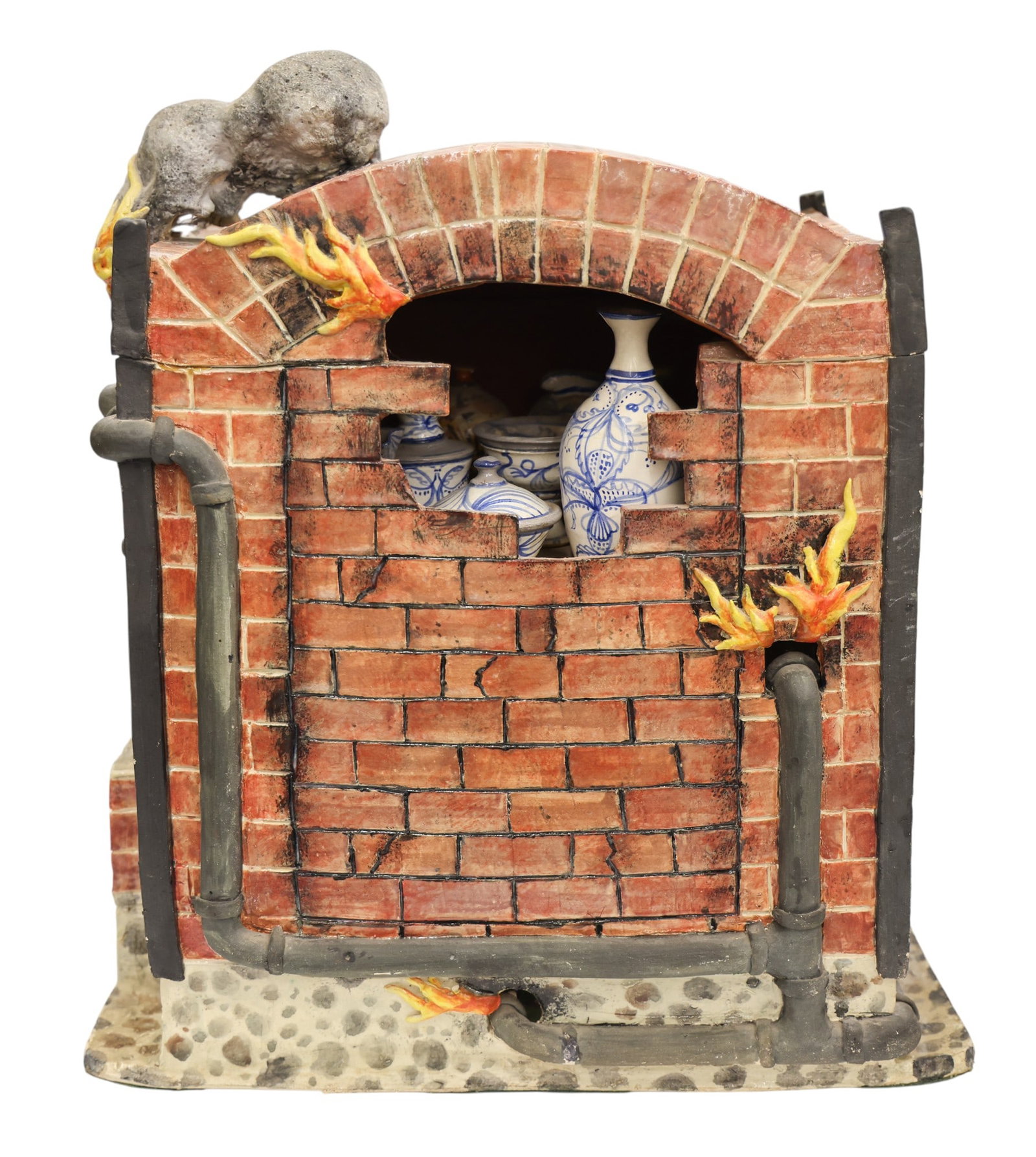 Patti Warashina "Kiln with Blowers" 1971 Glazed Ceramic: Patti Warashina (b.1940 Washington) "Kiln with Blowers" 1971 Glazed Ceramic 16"x14"x9". Exceedingly rare funk pottery kiln sculpture composed of low fired clay, underglaze, glaze, and lustre. Exterior