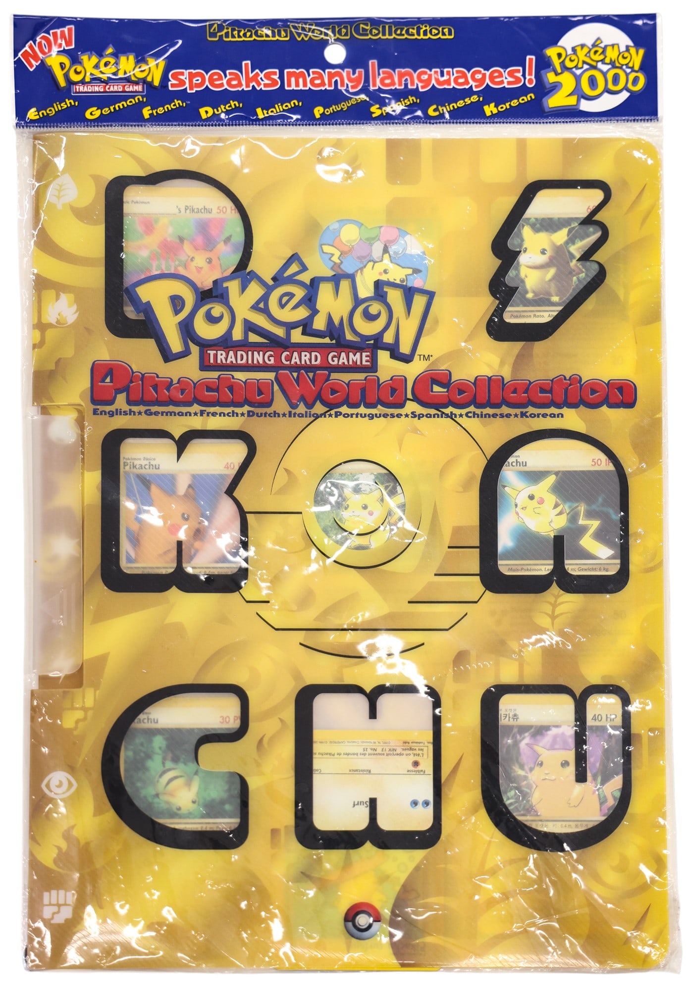 2000 Pokemon WOTC Pikachu World Collection Factory Sealed: 2000 Pokemon WOTC Pikachu World Collection Factory Sealed. Top hanger has torn 3.25" on the right side. Bag is still sealed. Lower center card has come loose and is floating within packaging.