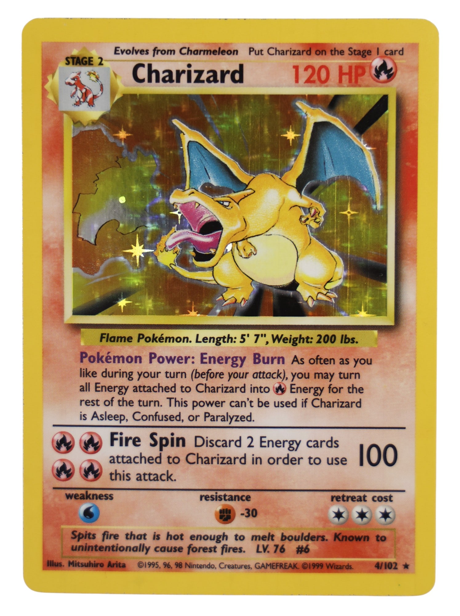 1999 Pokemon Base Set Charizard #4: 1999 Pokemon Base Set Charizard #4. LP Condition with some minor corner whitening and silvering on edges.