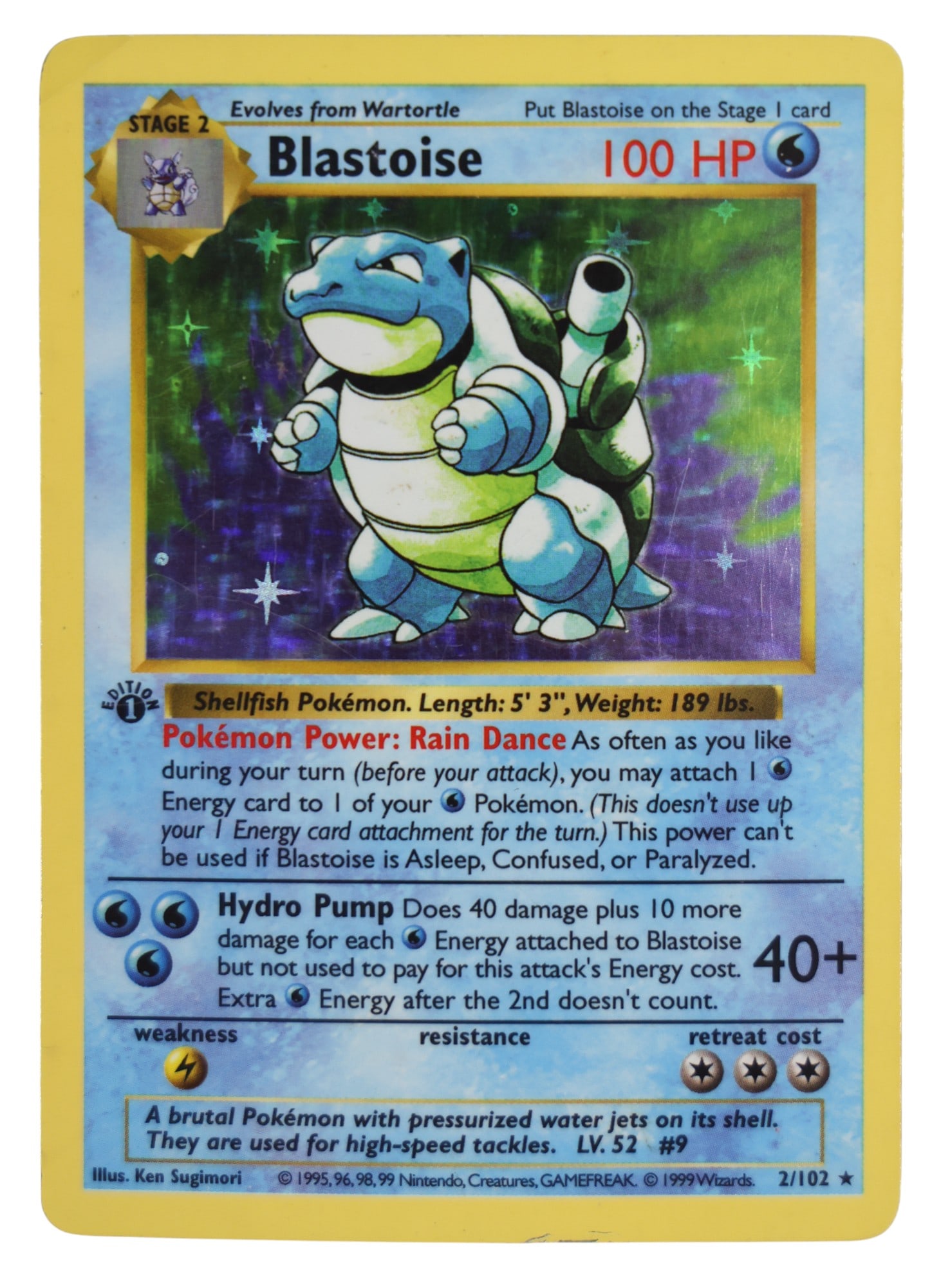 1999 Pokemon Base Set 1st Edition Shadowless Blastoise #2: 1999 Pokemon Base Set 1st Edition Shadowless Blastoise #2. MP to HP condition with one creased corner upper left.